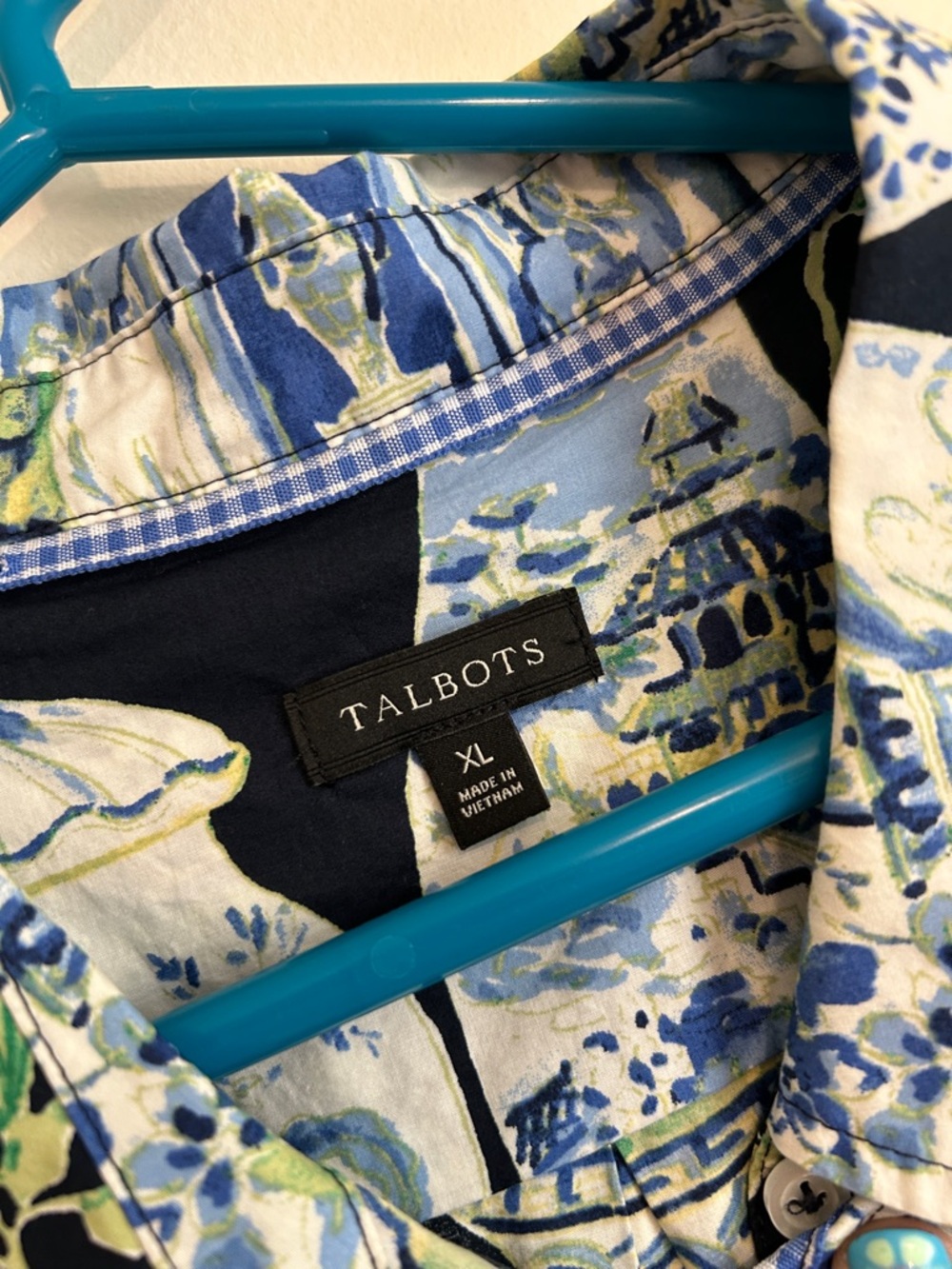 Talbots Navy Button-Front Shirt with Blue, White & Green Vase Print - Picture 2 of 7